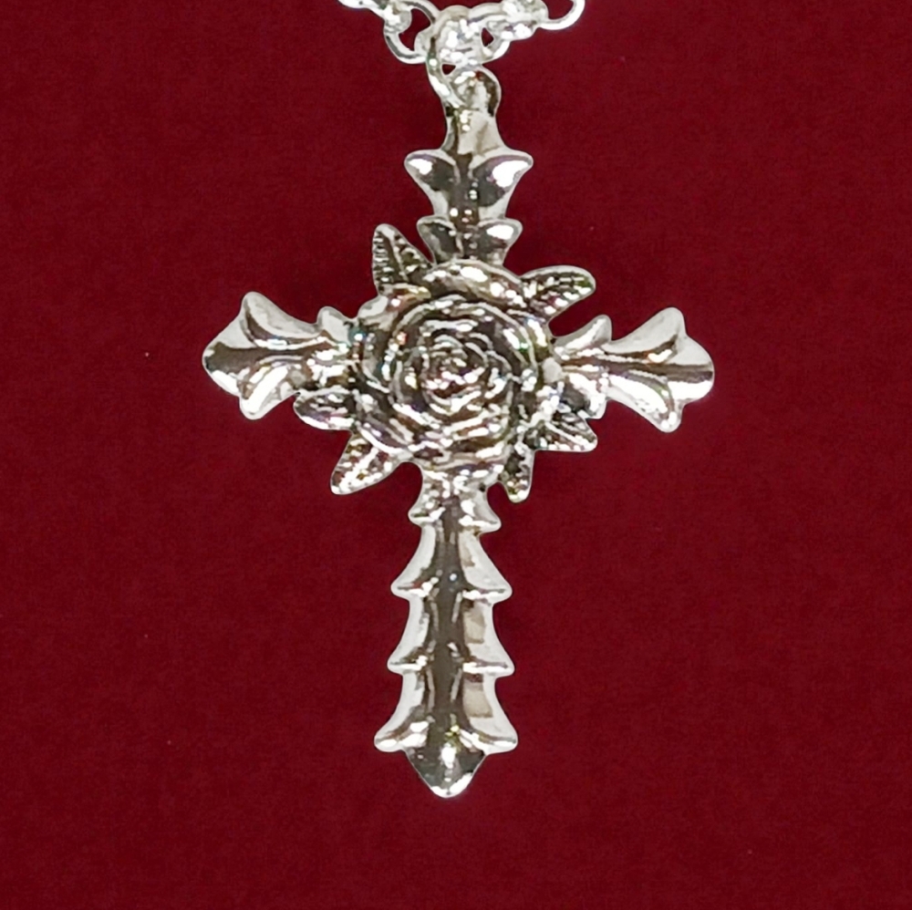 Bold Rose Silver Cross Charm Necklace  New Age Grunge 1990s Whimsygoth 14"-18" L - Picture 3 of 11